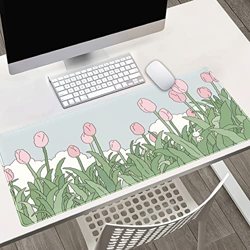 WatercolorTulip Flower Mouse Pads,Extended Gaming Mousepad XXL Kawaii Anime Desk Mat Pink Green Large Full Desk Mouse Pad for Wireless Mouse Keyboard Mat with Stitched Edges 31.5" x15.75 - color: A Pink Tulip