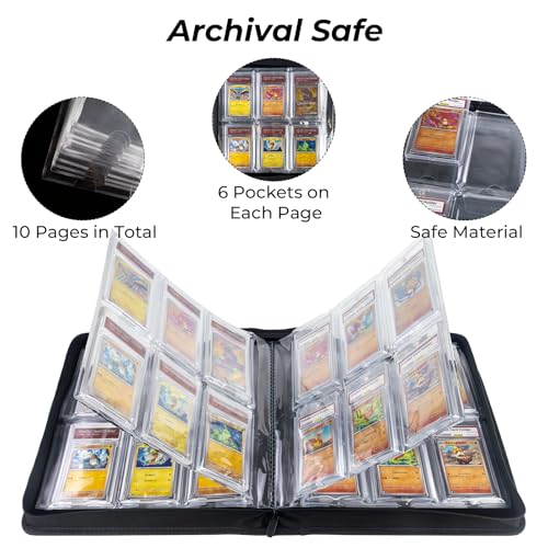Slab Binder for Graded Cards, 60 Slab Leather Storage Album | 60-Slab Leather Card Binder, Premium Slab Storage Album with 6 Pocket Pages, Collector Binder for PSA Graded Trading Cards