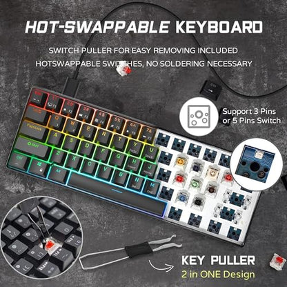 RK ROYAL KLUDGE RK61 Wired 60% Mechanical Gaming Keyboard Programmable QMK/VIA RGB Backlit 61 Keys Ultra-Compact Hot Swappable Red Switch Black - color: Black, size: Hot-Swappable Red Switch