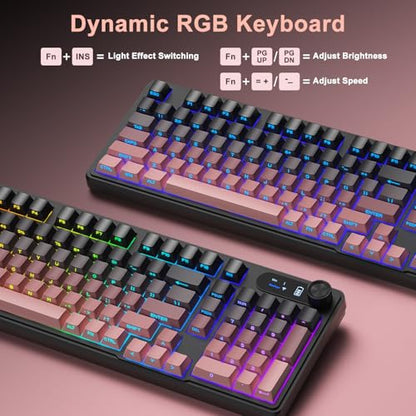 BlueFinger Wireless Gaming Keyboard, RGB Backlit, Tri-Mode Bluetooth/2.4G/USB-C, 98 Keys Quiet Keyboard with Number Pad, Volume Knob & Screen, Side Printed PBT Keycaps for PC/Mac/Laptop - style: Wireless Keyboard