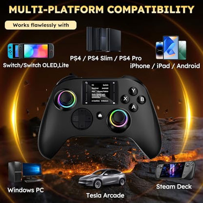 Interactive Screen Wireless Gaming Controller for PC/PS4/Switch/Android/iOS, Gamepad with Phone Clip for Gamers,4 Programmable/Turbo/6-axis Gyro/Dual Vibration/RGB Lighting/Wake-up/Share/Wake-up - color: Black
