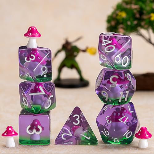 DND Mushroom Dice Set, Resin Polyhedral D&D D and D Dice Inclusion Dice for Dungeons and Dragons MTG RPG-for Ages 15 and Up - color: Mushroom-rose Red