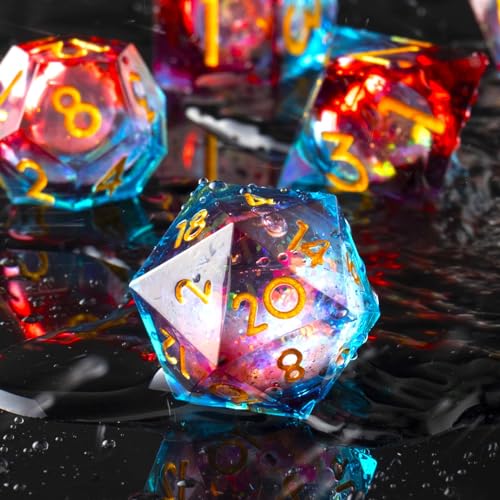 Handmade Liquid DND Dice Set, Liquid Core DND Dice Quicksand Ball, 7 Accessories Dice for Dungeons and Dragons, RPG Polyhedral Resin Sharp Edge Dice Roleplaying （Liquid Blue Red） - color: Liquid-blue Red