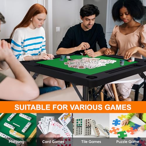 Mahjong Table, 35.4" Square Folding Card Table with Green Felt, Chip Trays, 4 Cup Holders, Multi-Game, Domino and Poker Tables for 4 Players, Foldable Tables for Jigsaw Puzzles, Black - color: Black