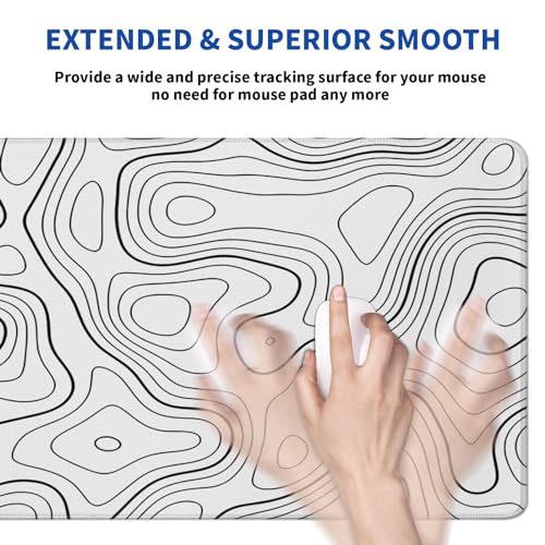 Topographic Contour Gaming Mouse Pad White Large Mouse Pad for Keyboard and Mousepad Desk Mat with 3mm Non-Slip Base and Stitched Edge for Gaming and Office Computer Mat Protector Mat 31.5x11.8 Inch - color: White Topographic Contour