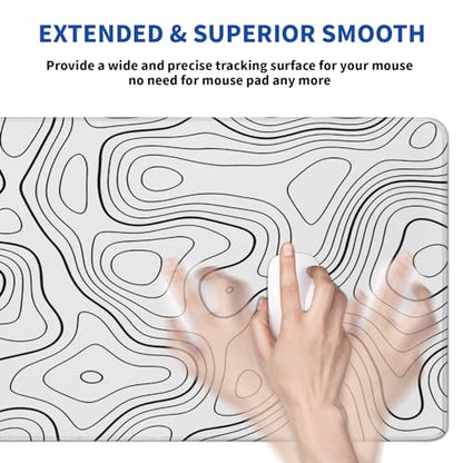 Topographic Contour Gaming Mouse Pad White Large Mouse Pad for Keyboard and Mousepad Desk Mat with 3mm Non-Slip Base and Stitched Edge for Gaming and Office Computer Mat Protector Mat 31.5x11.8 Inch - color: White Topographic Contour