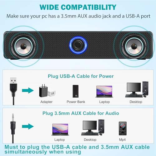 Computer Speakers, USB-A Powered PC Speakers Wired Stereo Desktop Speakers with 3.5mm AUX Audio Plug (No Bluetooth) for Computer, Desktop, Laptop, PC [2026 Version]