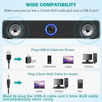 Computer Speakers, USB-A Powered PC Speakers Wired Stereo Desktop Speakers with 3.5mm AUX Audio Plug (No Bluetooth) for Computer, Desktop, Laptop, PC [2026 Version]