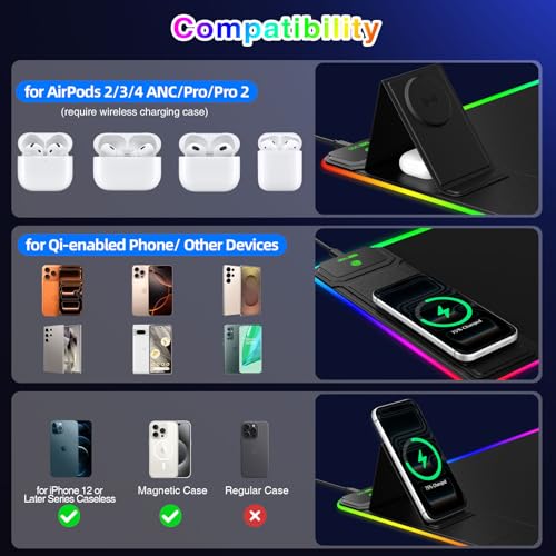 RGB Gaming Mouse Pad with Magnetic Wireless Charging & Foldable Phone Stand | 31.5"x11.8" XL Extended Mousepad with Stitched Edges, Ultra-Smooth Waterproof Surface, 25 Lighting Effects, Non-Slip Base - color: RGB-Magnetic Stand-31.5"x11.8"-Left