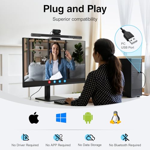 4-in-1 4K Webcam with Microphone and Speaker, Noise Cancellation, Privacy Cover, Auto Light Correction, 90° FOV , Plug & Play USB Camera with Monitor Light Bar, Webcam for PC/Meeting/Online Video
