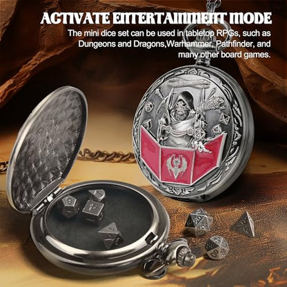 Kabinka D&D Dice Set with Pocket Watch Shell, 7Pcs Polyhedral Dice Set, DND Dice with Necklace Perfect for Dungeons and Dragons Dice, RPG, Role Playing Dice Accessory (DM, Ancient Silver) - color: Ancient Silver, style: DM