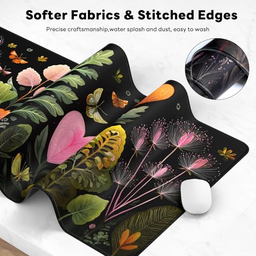 Large Gaming Mouse Pad, XL Desk Protector, Non-Slip Base | 31.5x15.7 in Extended Desk Mat with Stitched Edges for Keyboard, Work, Game, Office, Home PC and Laptop - color: Heart Flowers
