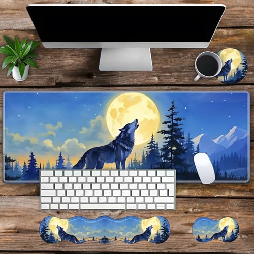 Large Gaming Mouse Pad Set with Wrist Support – 31.5" x 11.8" 4-in-1 XXL Mousepad with Keyboard Wrist Rest, Mouse Wrist Rest & Coaster – Ergonomic Desk Mat for Office, Home – Wolf Moon - color: Wolf Moon