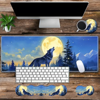 Large Gaming Mouse Pad Set with Wrist Support – 31.5" x 11.8" 4-in-1 XXL Mousepad with Keyboard Wrist Rest, Mouse Wrist Rest & Coaster – Ergonomic Desk Mat for Office, Home – Wolf Moon - color: Wolf Moon