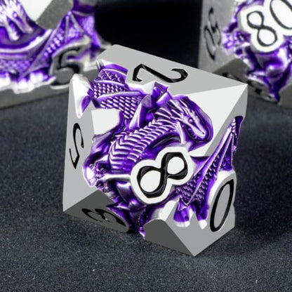Roycevon Relief Dragon DND Dice Set for Role Playing Game, 7Pcs Metal D&D Dice Set Dungeons Dragons with Gift Box, Polyhedral D and D Dice D20 D12 D10 D8 D6 D4, Purple and Black - color: Purple and Black