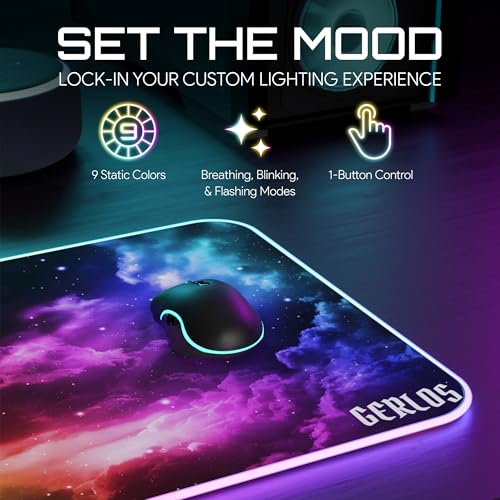 Gerlos RGB Gaming Mouse Pad, Large LED Desk Mat, 31.5 x 11.8 Inch | 12 light modes, non-slip base, water-resistant surface, stitched edges - color: Green