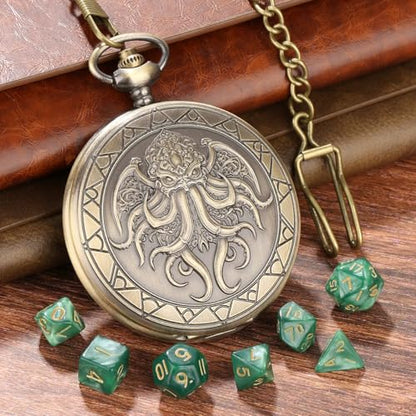 Cthulhu Theme Pocket Watch Dice Set, DND Mystery Dice for RPG COC Pathfinder, DND Starter Set, 7pcs Green Small Polyhedral Acrylic Dice, Fantasy Gifts for Cthulhu Fans, Birthday Gift for Men - color: Cthulhu Theme