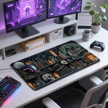 Mystical Gothic Library Large Gaming Mouse Pad Desk Mat 31.5x15.7 | Extended Mousepad, Non-Slip Rubber Base , Stitched Edges, for Computer/Laptop/Office/Home - color: Gothic Library