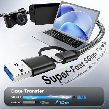 acer Capture Card for Streaming, HDMI to USB 3.0 1080P 60FPS Video Capture | Plug and Play with Type-C & Type-A Ports, Compatible with iPad, macOS, Windows, Switch2, PS5/4, Quest3, Camera, OBS, Xbox