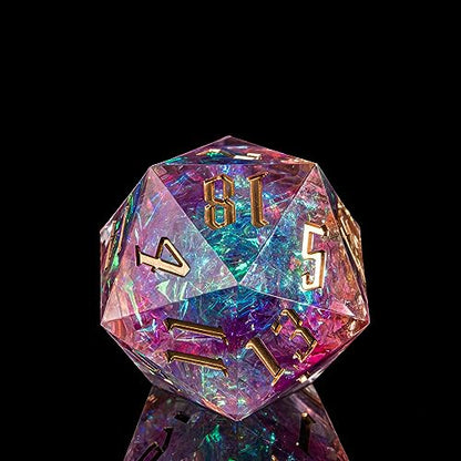 Cusdie Single D20 DND Dice with Sharp Edges and Glitter Foil Inclusions, 20 Sided D&D Dice, 33mm Handcrafted Polyhedral Dice, for Role Playing Game (N Pink) - color: Pink