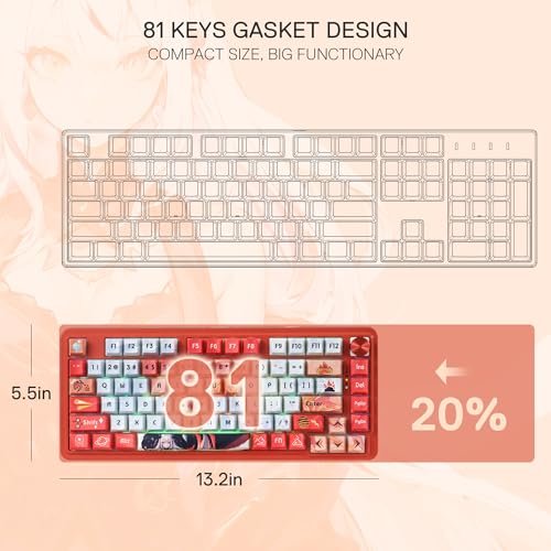 Redragon K673 PRO Wireless 81-Key RGB Gasket Gaming Keyboard, Scroll Knob | Multi-Function Control Wheel, 0-Delay Tri-Mode, Cushioned 5-Layer Noise Dampening for Creamy Thocky Sound, Compact 80% Size - color: Flaming Red (Anime Version), size: 81 Keys + N