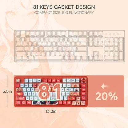Redragon K673 PRO Wireless 81-Key RGB Gasket Gaming Keyboard, Scroll Knob | Multi-Function Control Wheel, 0-Delay Tri-Mode, Cushioned 5-Layer Noise Dampening for Creamy Thocky Sound, Compact 80% Size - color: Flaming Red (Anime Version), size: 81 Keys + N