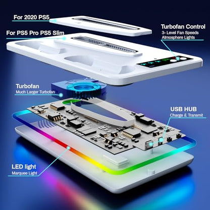 PS 5 Cooling Station and PS 5 Stand with RGB Controller Charging Station for PlayStation5Console, Controller Charger, Cooling Stand, PS5/Slim/Pro Accessories Kit with 3 Level Cooler Fan - color: RGB-white