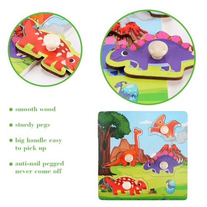 Wooden Peg Puzzles for Toddlers 1-3, Kids Educational Preschool Peg Puzzle Toy Ages 2-4, Set of 4 Dinosaur Toddler Puzzles, Ideal Gift for Ages 1 2 3 4 Boys and Girls - color: Style B