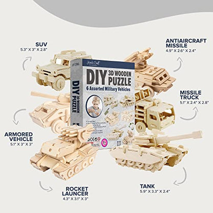 Hands Craft DIY 3D Wooden Puzzle – 6 Assorted Military Vehicles Bundle Pack Set Brain Teaser Puzzles Educational STEM Toy Adults and Kids to Build Safe and Non-Toxic Easy Punch Out Premium Wood JP2B6 - color: Miliatary Vehicles