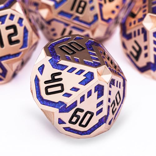 Metal DND Sci-fi Dice Set 7PCS Stripe Polyhedral Dice for Dungeons Dragons RPG Role Playing Game, Glitter D and D Dice with Gift Box D6 D8 D10 D12 D20 (Copper Blue) - color: Copper Blue