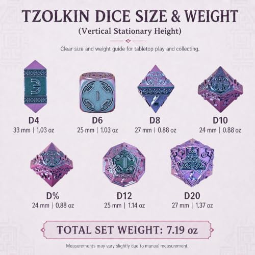 Tzolkin Metal DND Dice Set, 7-Piece Polyhedral Dice | Solid zinc alloy dice with heavy feel, Mayan Aztec calendar details, readable numbers, and temple collector box for RPG play - color: Blue
