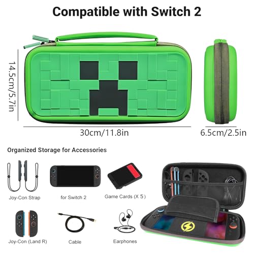 QUBAMG Switch 2 Carrying Case, Hard Shell Protective Carry Travel Case Compatible with Nintendo Switch 2 (2025) Pouch with Built-in Stand 5 Games Cartridges for Console & Accessories Green Pixel - color: Switch 2 Green
