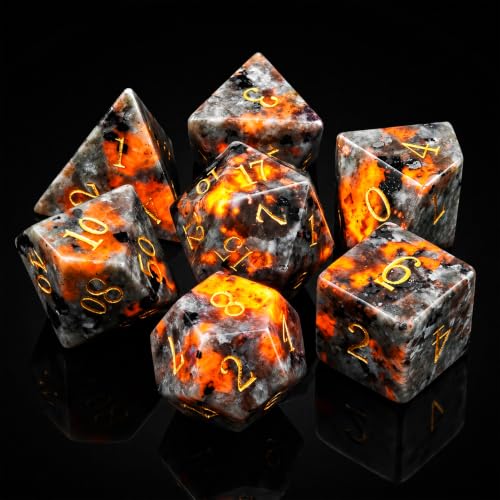 Haxtec Flame Yooperlite Gemstone Dice Set, Handmade Gem Dice for RPG | Natural Stone, 7-Piece Polyhedral, DND & Role Playing Games, Black Base and Orange Flame Veins, Gift for Tabletop Players - color: Flame Orange