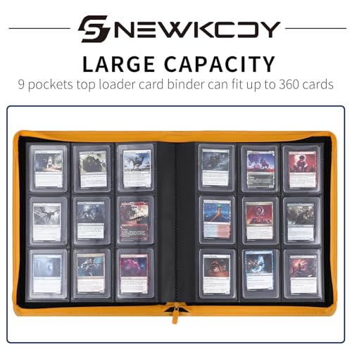 Snekdy Top loader Binder, 9 Pockets Top Loader，Holds 360 Top Loaders cards, Card binder with Sleeves for card in 3 x 4 inches color smooth Zipper PU Leather (Yellow) - color: Yellow