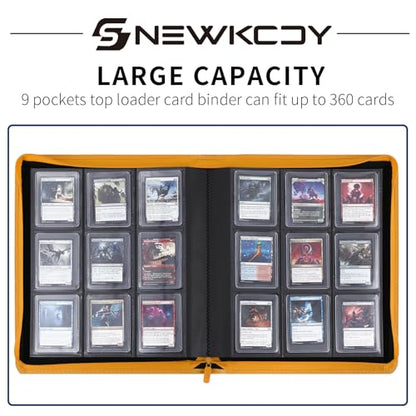 Snekdy Top loader Binder, 9 Pockets Top Loader，Holds 360 Top Loaders cards, Card binder with Sleeves for card in 3 x 4 inches color smooth Zipper PU Leather (Yellow) - color: Yellow