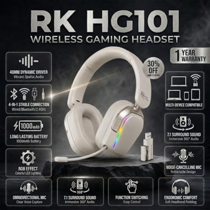 RK ROYAL KLUDGE HG101 V2 Wireless Gaming Headset, 2.4G/Bluetooth 6.0/3.5mm Wired Headphones, 7.1 Surround Sound, 40mm Drivers, Memory Foam Cushions, Works with Xbox, PS4/5, PC, Switch, Platinum Grey - color: Platinum Grey