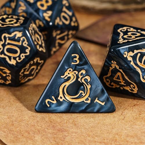 7-Die DND Dice Set Dragon Pattern Polyhedral Die with Leather Bag D&D Dice Set for RPG Table Games (Black W/Gold Dragon Pattern) - color: Black W/Gold Dragon Pattern