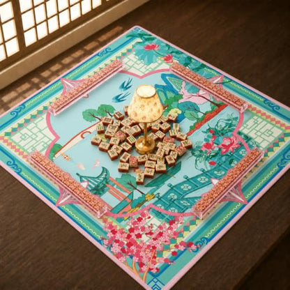 Chinoiserie Mahjong Mat for Table, The Beauty of West Lake, 31.5" x 31.5" | American Mahjong Mat, Anti-Slip Noise-Reducing, Gaming Mat for Mahjong Tiles, Poker, Board Games, Dominoes, Card Games - color: Pink and Green