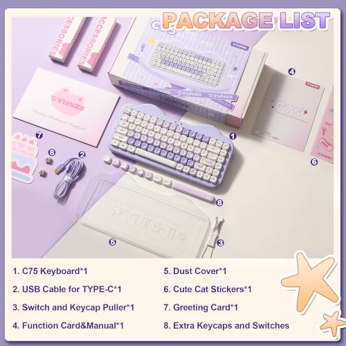 YUNZII C75 Wireless Mechanical Keyboard,75% Layout, Hot-Swappable NKRO,BT5.0/2.4G/USB-C Mode,Dye-Sub PBT MOA Keycaps,RGB Gasket Mount,Cute Cake Design for Mac/Win/Gaming (Purple, Candy Switch) - color: Purple, size: Candy Switch