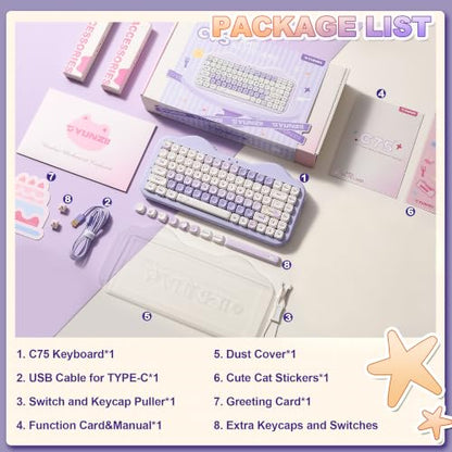YUNZII C75 Wireless Mechanical Keyboard,75% Layout, Hot-Swappable NKRO,BT5.0/2.4G/USB-C Mode,Dye-Sub PBT MOA Keycaps,RGB Gasket Mount,Cute Cake Design for Mac/Win/Gaming (Purple, Candy Switch) - color: Purple, size: Candy Switch
