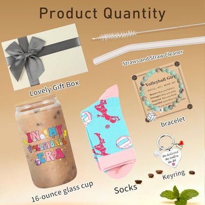 Volleyball Gifts for Teen Girls & Women, Pink Volleyball Accessories Includes 16oz Glass Cups, Makeup Bag, Socks, Keychain, and Bracelets, Senior Night Gifts for Team Players Sports Lovers