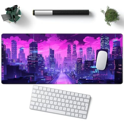 Desk Pad Cyberpunk Purple Desk Mat City Skyline Gaming Extended Mouse Pad Big Office Keyboard Pc Laptop for Women Large Mousepad with Stitched Eges Non-Slip Base Mouse Keyboard Mat 31.5x11.8 in - color: C-purple Clouds