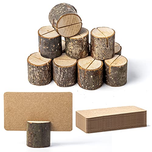 Jofefe 12Pcs Mini Wood Place Card Holders and 24Pcs Kraft Place Cards, Rustic Table Number Holders, Food Labels for Party Buffet, Name Card Photo Picture Holders for Harvest Fall Thanksgiving Wedding Birthday Party