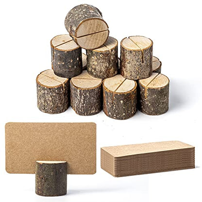 Jofefe 12Pcs Mini Wood Place Card Holders and 24Pcs Kraft Place Cards, Rustic Table Number Holders, Food Labels for Party Buffet, Name Card Photo Picture Holders for Harvest Fall Thanksgiving Wedding Birthday Party