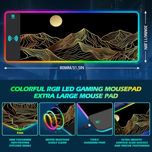 ToLuLu RGB Wireless Charging Gaming Mouse Pad, 7.5/10/15W 10 Light Modes LED Mouse Pad Computer Keyboard Mat Mousepad, 800x300x4MM Extended Large Desk Mat Desk Pad, Sun Shines Over Golden Mountain - color: Sun Shines Over Golden Mountain