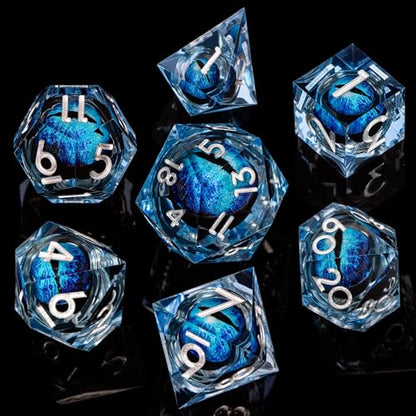 ARUOHHA DND Resin Dice Dragon Eye Dice Liquid Core Blue Sharp Edged Dice Set with Gift Box, Dungeons Polyhedral D and D Dice Set Compatible with D&D Role Playing Game D20 D12 D10 D8 D6 D4 - color: Ly02-blue