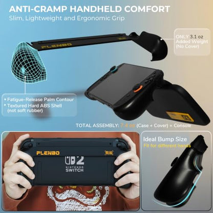 Plenbo - FoldeX Switch 2 Grip Case with Detachable Flip Cover- Black | Dockable Ergonomic Handheld Protective Hard Shell for Nintendo Switch 2, 3-Mode Compatible Joy-Con 2 Controller Grip - color: Black