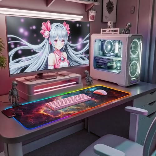 RGB Mousepad Led Mouse Pad Desk Mat I 31.5 x 11.8 Inch Large Mouse Pad I XL Oversized Big Mouse mat 14 Led Light Modes I Anti-Slip Rubber Base Waterproof Keyboard Pad for PC Gaming I Milky Way Galaxy - color: Milky Way Galaxy
