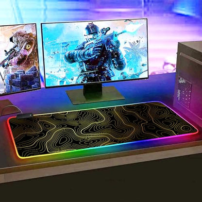 RGB Mouse Pad LED Desk Mat Large Gaming Mousepad Black and Gold Line Design, Keyboard Pad XL Mouse Mat for Home and Office (Black with Gold Topographic Line) - color: Black With Gold Topographic Line