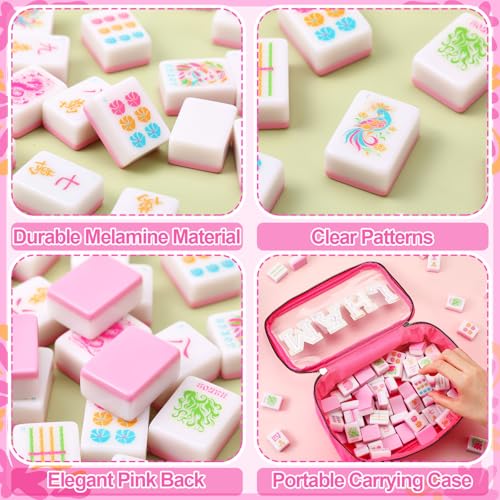 Soulchen American Mahjong Tiles Accessories Set 160 Pieces 1.2 Inches American Mahjong Tiles Game Set with Waterproof PVC Clear Zippered Storage Holder Bag for Game Lover Gift(Hot Pink) - color: Hot Pink, style: Flowers